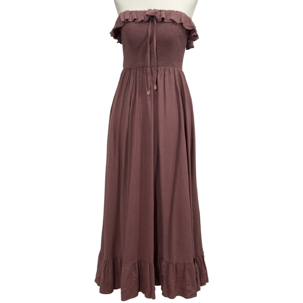 Free People Boho Linen Smocked Strapless Midi Dress SM Dusty Rose Vacation